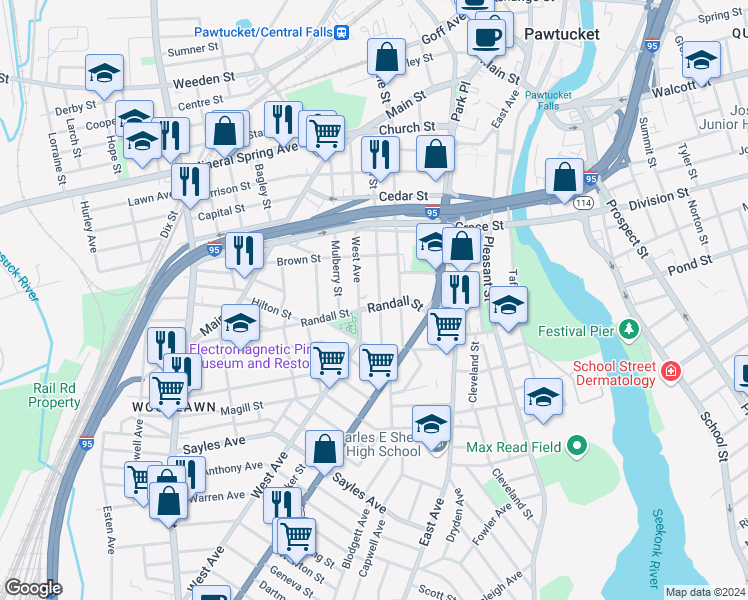 map of restaurants, bars, coffee shops, grocery stores, and more near 171 Garden Street in Pawtucket