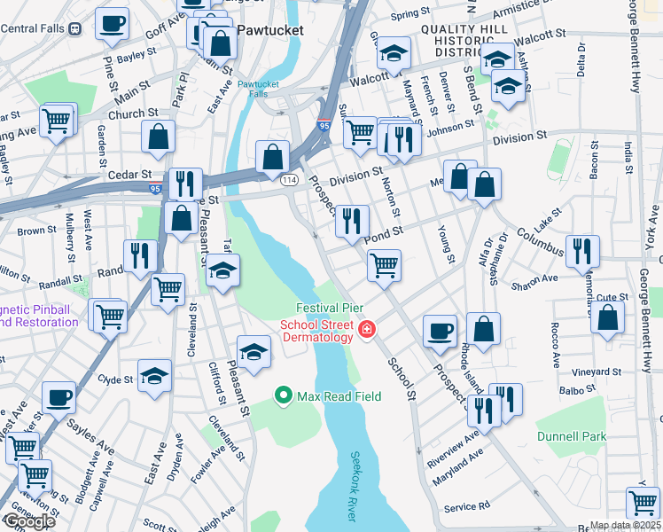 map of restaurants, bars, coffee shops, grocery stores, and more near in Pawtucket