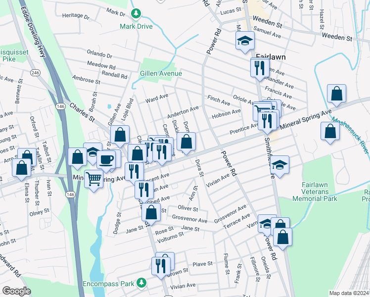 map of restaurants, bars, coffee shops, grocery stores, and more near 964 Mineral Spring Avenue in North Providence