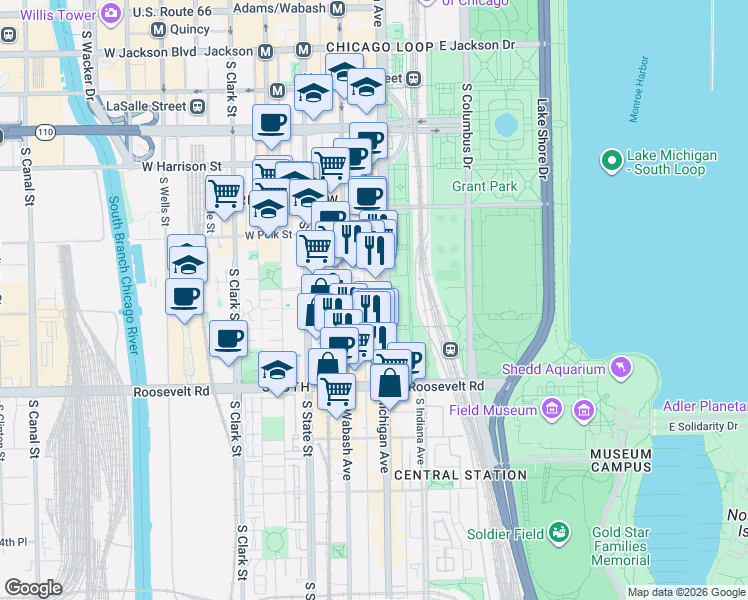 map of restaurants, bars, coffee shops, grocery stores, and more near 910 South Michigan Avenue in Chicago