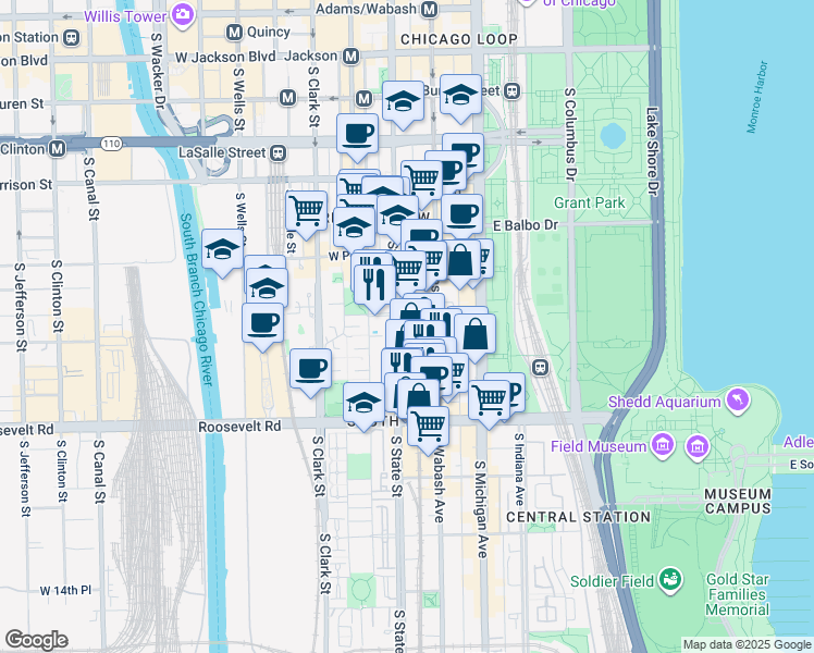 map of restaurants, bars, coffee shops, grocery stores, and more near 1025 South State Street in Chicago