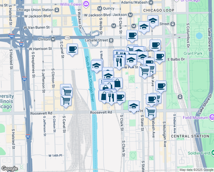 map of restaurants, bars, coffee shops, grocery stores, and more near 1010 South Delano Court in Chicago