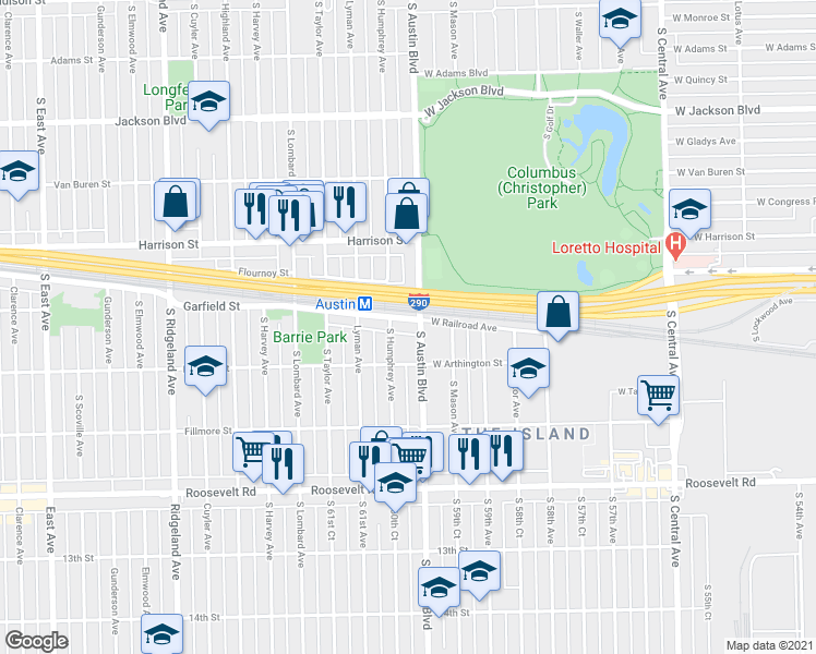 map of restaurants, bars, coffee shops, grocery stores, and more near 1034 South Humphrey Avenue in Oak Park