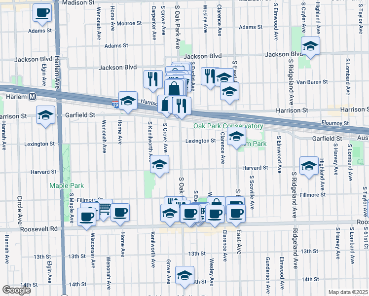map of restaurants, bars, coffee shops, grocery stores, and more near 1028 South Oak Park Avenue in Oak Park