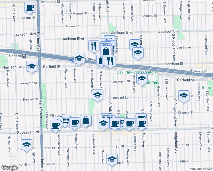 map of restaurants, bars, coffee shops, grocery stores, and more near 1030 South Grove Avenue in Oak Park