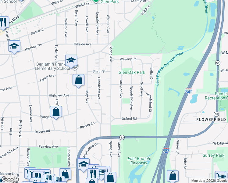 map of restaurants, bars, coffee shops, grocery stores, and more near 274 Cumnor Avenue in Glen Ellyn