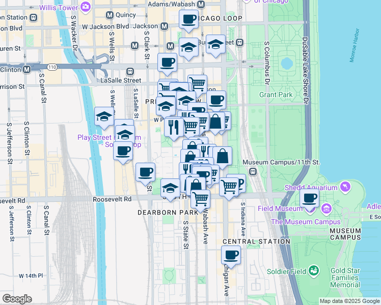 map of restaurants, bars, coffee shops, grocery stores, and more near 1025 South State Street in Chicago