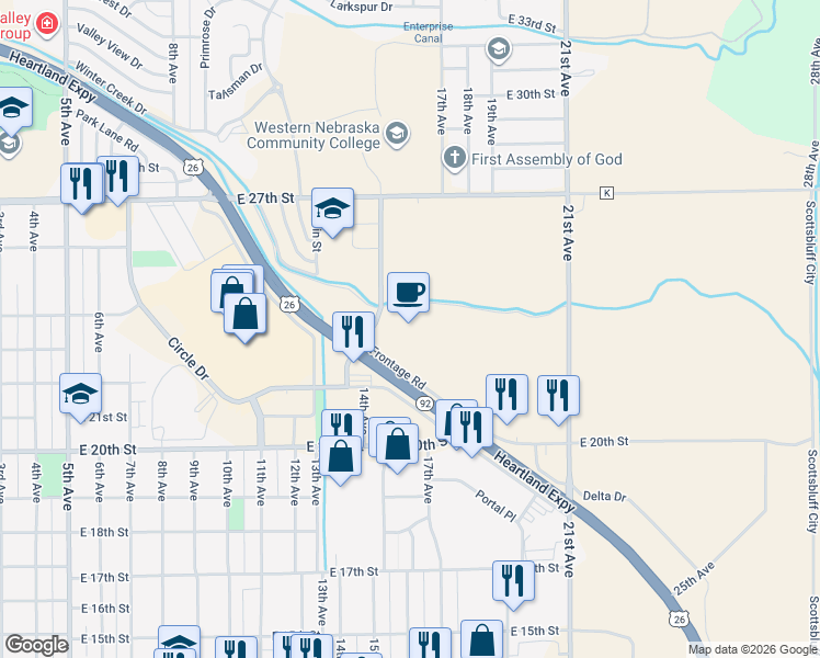 map of restaurants, bars, coffee shops, grocery stores, and more near 1401 Frontage Road in Scottsbluff