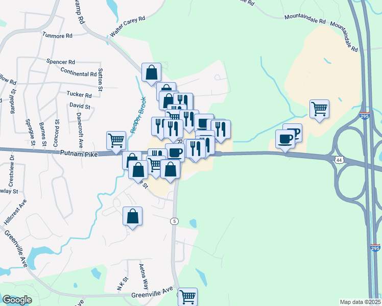 map of restaurants, bars, coffee shops, grocery stores, and more near Putnam Pike in Smithfield