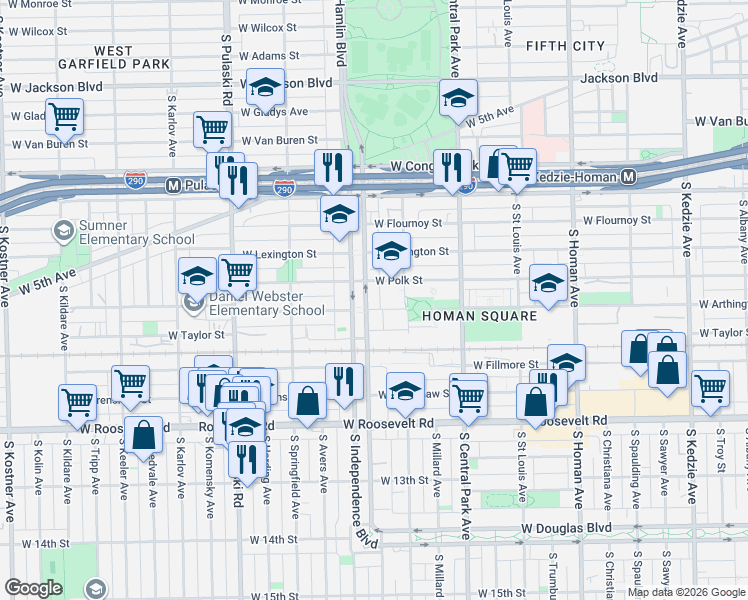 map of restaurants, bars, coffee shops, grocery stores, and more near 819 South Independence Boulevard in Chicago