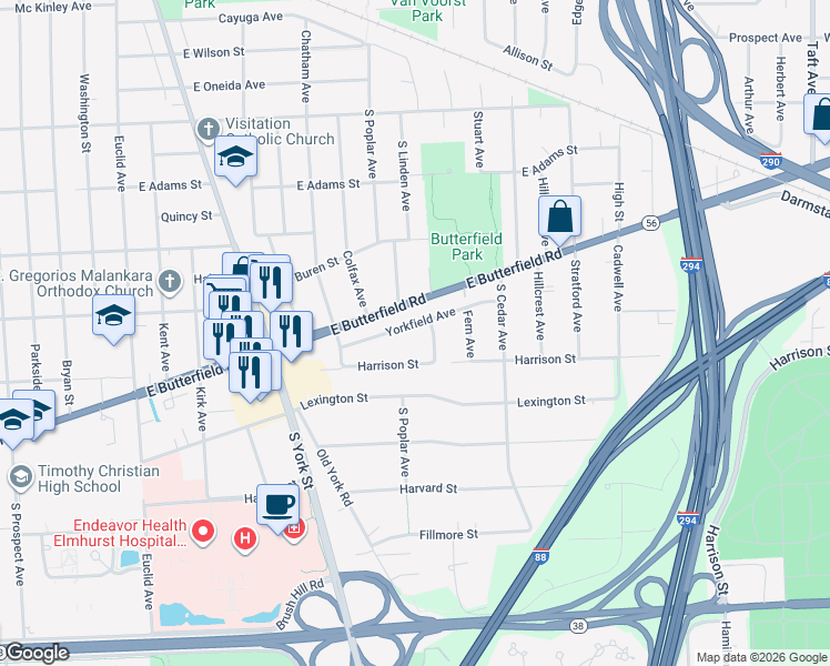 map of restaurants, bars, coffee shops, grocery stores, and more near 338 Yorkfield Avenue in Elmhurst