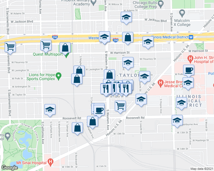 map of restaurants, bars, coffee shops, grocery stores, and more near S Western Ave & W Arthington St in Chicago