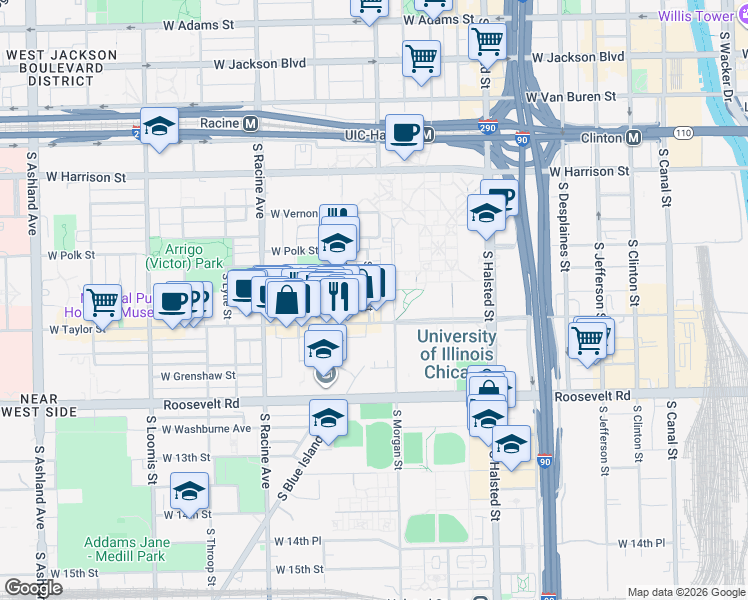 map of restaurants, bars, coffee shops, grocery stores, and more near 905 South Miller Street in Chicago