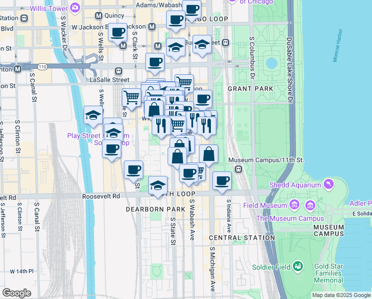 map of restaurants, bars, coffee shops, grocery stores, and more near 900 South State Street in Chicago