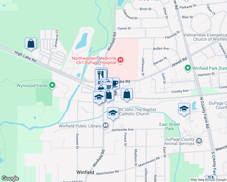 map of restaurants, bars, coffee shops, grocery stores, and more near 70 Church Street in Winfield
