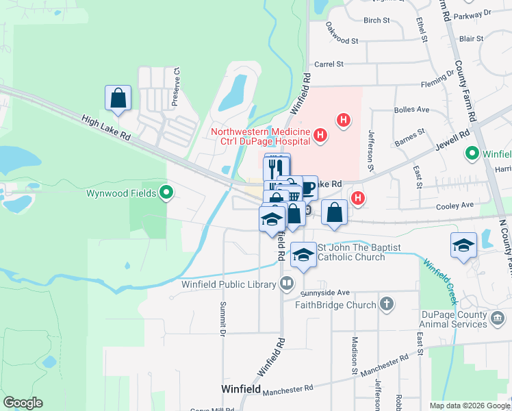 map of restaurants, bars, coffee shops, grocery stores, and more near 0S080 Winfield Road in Winfield