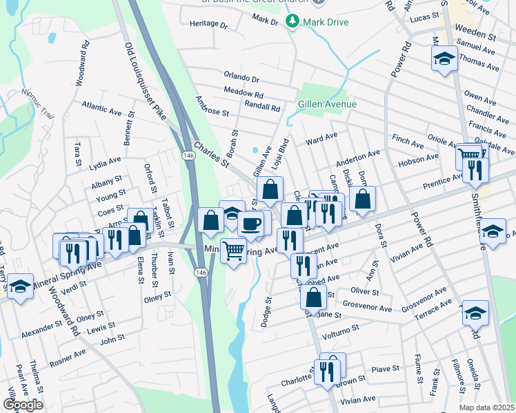 map of restaurants, bars, coffee shops, grocery stores, and more near 35 Cooper Street in North Providence