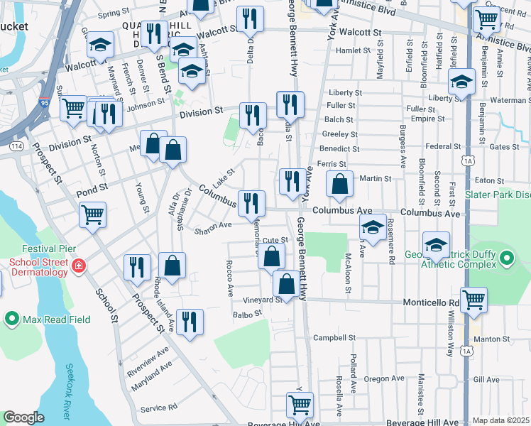 map of restaurants, bars, coffee shops, grocery stores, and more near 121 Bacon Street in Pawtucket