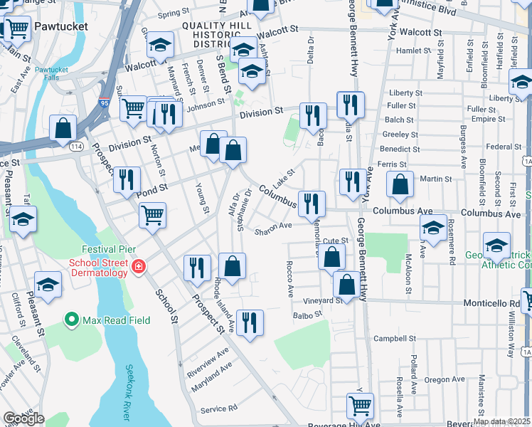 map of restaurants, bars, coffee shops, grocery stores, and more near 61 Columbus Avenue in Pawtucket