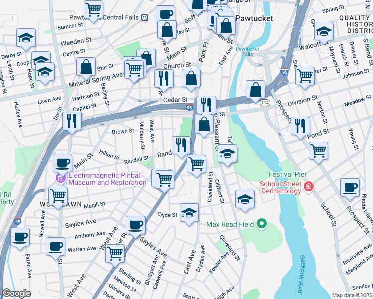 map of restaurants, bars, coffee shops, grocery stores, and more near in Pawtucket