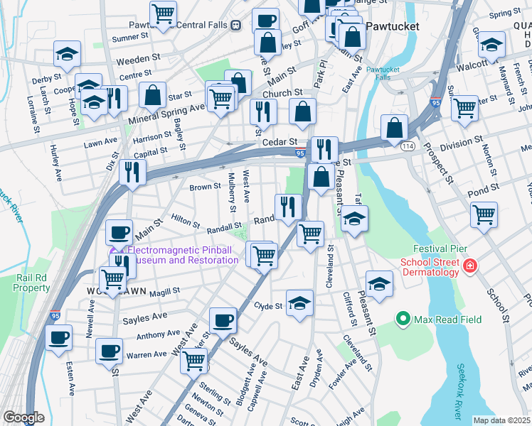 map of restaurants, bars, coffee shops, grocery stores, and more near 71 Pine Street in Pawtucket