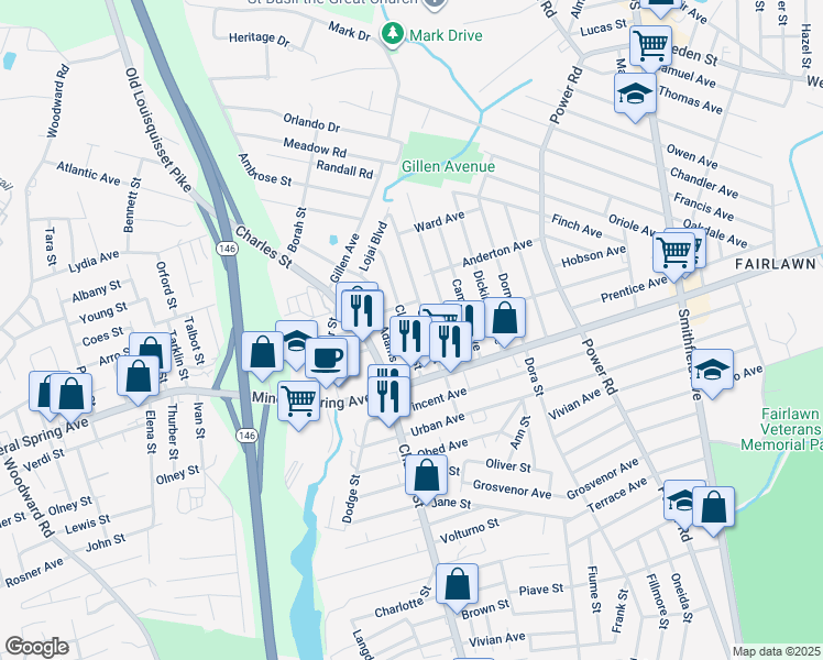 map of restaurants, bars, coffee shops, grocery stores, and more near 56 Garfield Street in North Providence