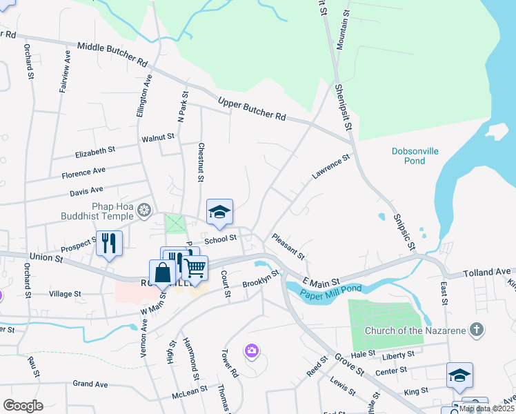 map of restaurants, bars, coffee shops, grocery stores, and more near 23 Mountain Street in Vernon