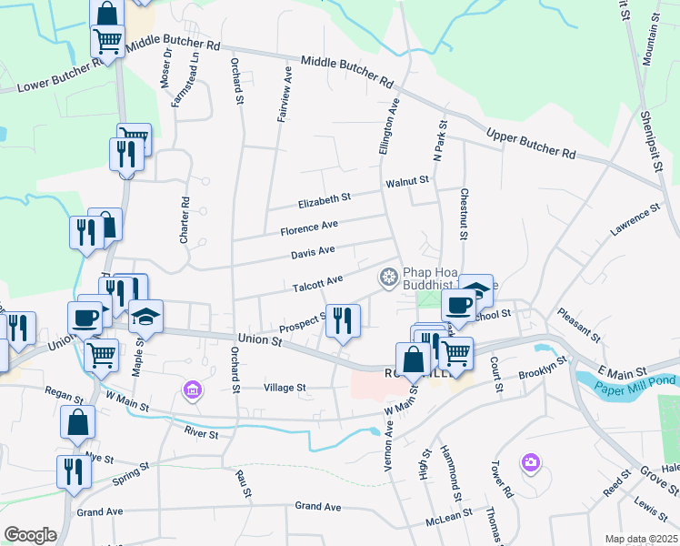 map of restaurants, bars, coffee shops, grocery stores, and more near 27 Davis Avenue in Vernon