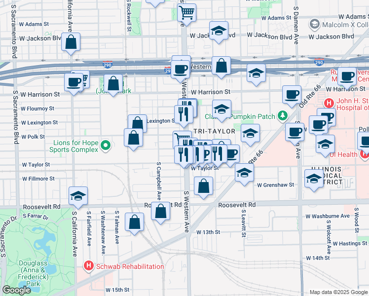 map of restaurants, bars, coffee shops, grocery stores, and more near 2419 West Polk Street in Chicago