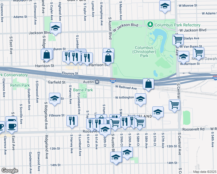 map of restaurants, bars, coffee shops, grocery stores, and more near 942 South Humphrey Avenue in Oak Park