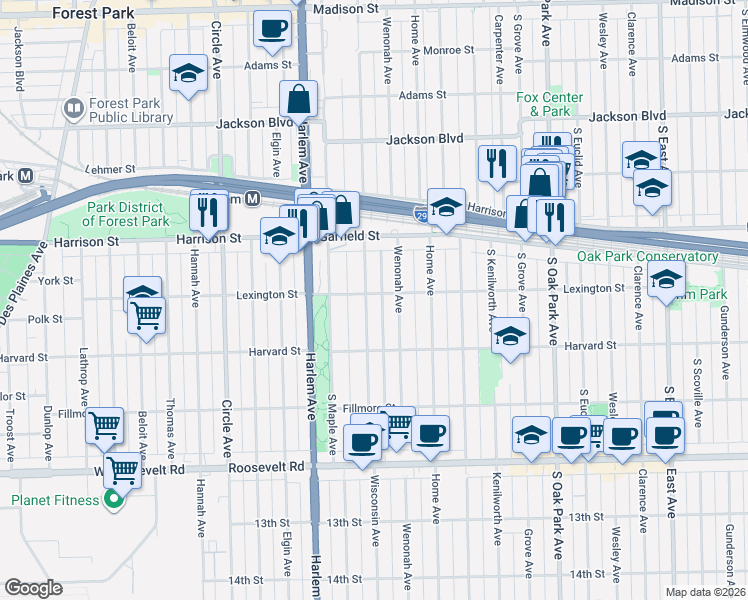 map of restaurants, bars, coffee shops, grocery stores, and more near 937 Wenonah Avenue in Oak Park