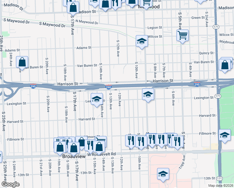 map of restaurants, bars, coffee shops, grocery stores, and more near 1800 South 12th Avenue in Maywood