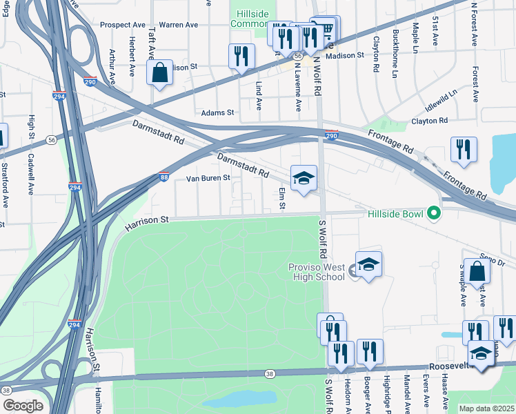 map of restaurants, bars, coffee shops, grocery stores, and more near 29 Lind Avenue in Hillside