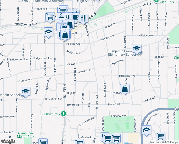 map of restaurants, bars, coffee shops, grocery stores, and more near 612 Turner Avenue in Glen Ellyn