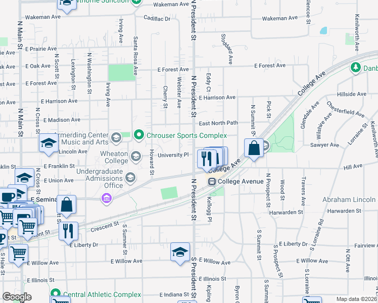 map of restaurants, bars, coffee shops, grocery stores, and more near 611 North President Street in Wheaton