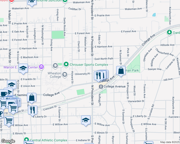 map of restaurants, bars, coffee shops, grocery stores, and more near 611 North President Street in Wheaton