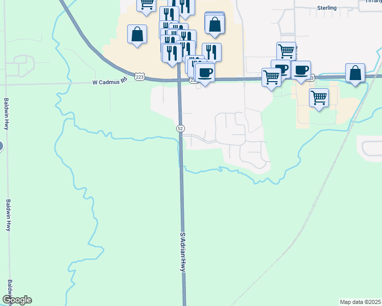 map of restaurants, bars, coffee shops, grocery stores, and more near 1 Yukon River Court in Adrian