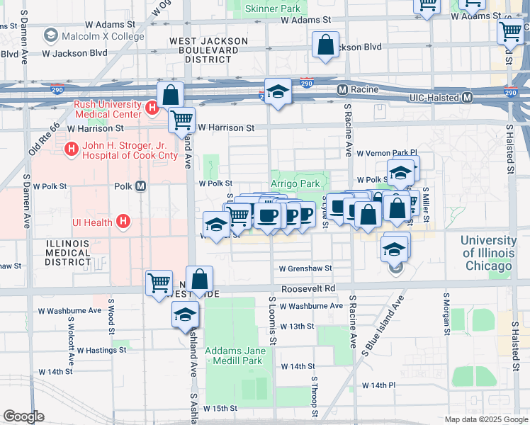map of restaurants, bars, coffee shops, grocery stores, and more near 817 South Loomis Street in Chicago