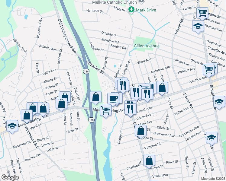 map of restaurants, bars, coffee shops, grocery stores, and more near 28 Cooper Street in North Providence