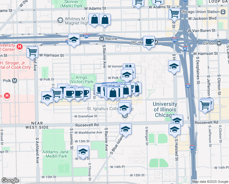 map of restaurants, bars, coffee shops, grocery stores, and more near 912 South May Street in Chicago