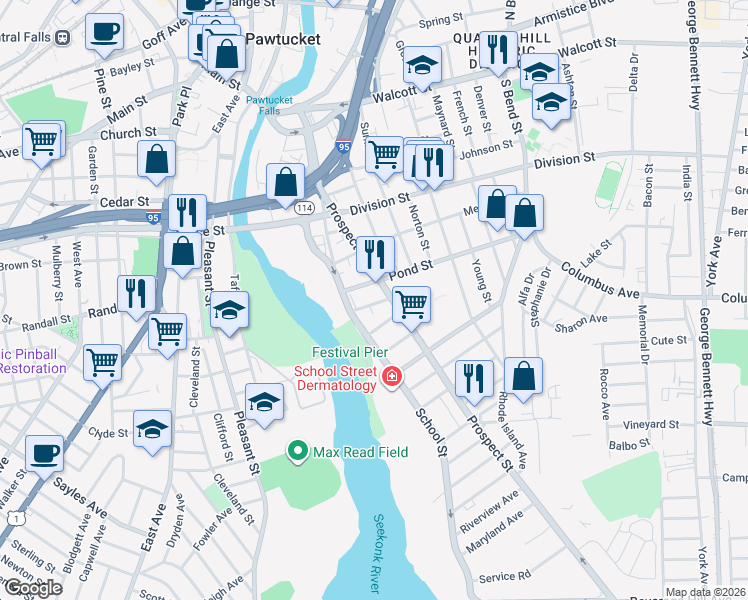 map of restaurants, bars, coffee shops, grocery stores, and more near 28 Pond Street in Pawtucket