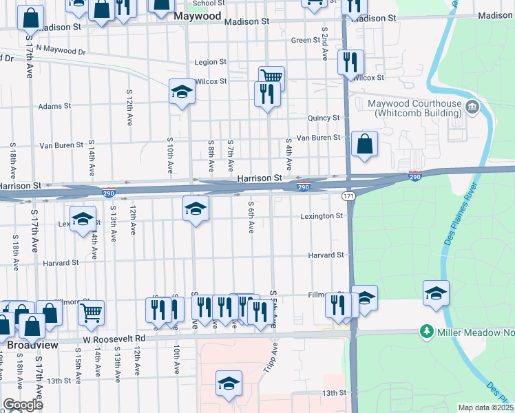 map of restaurants, bars, coffee shops, grocery stores, and more near 1809 South 6th Avenue in Maywood