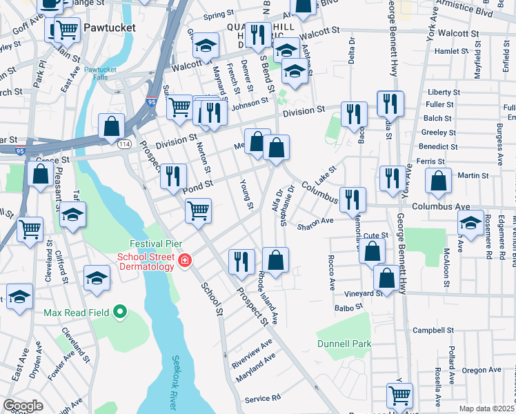map of restaurants, bars, coffee shops, grocery stores, and more near 97 Arch Street in Pawtucket