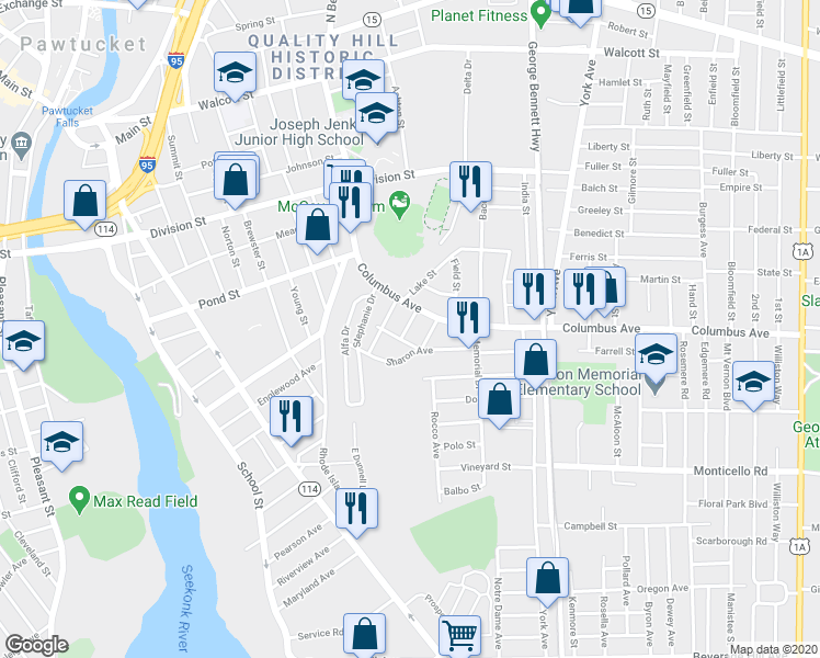 map of restaurants, bars, coffee shops, grocery stores, and more near 61 Columbus Avenue in Pawtucket