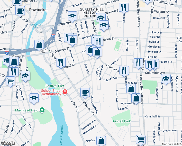 map of restaurants, bars, coffee shops, grocery stores, and more near 97 Arch Street in Pawtucket