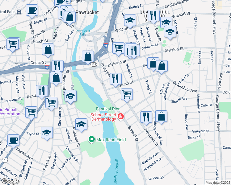 map of restaurants, bars, coffee shops, grocery stores, and more near 28 Pond Street in Pawtucket
