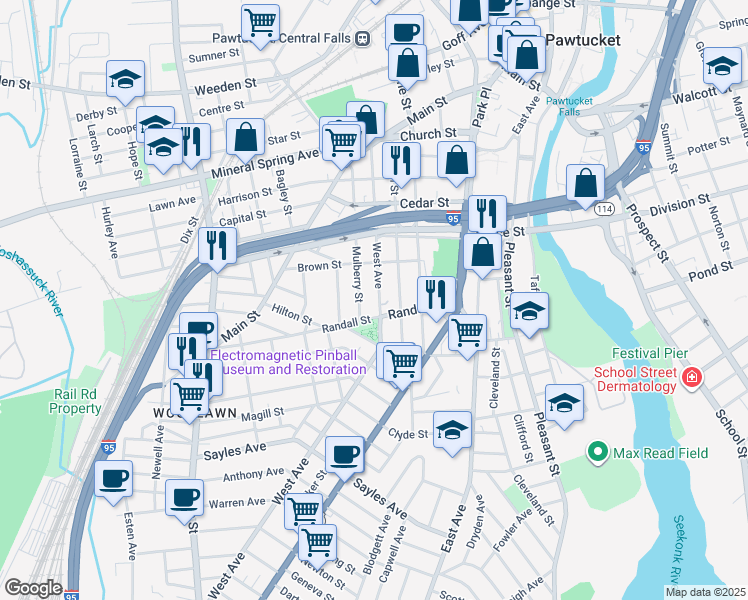 map of restaurants, bars, coffee shops, grocery stores, and more near 166 West Avenue in Pawtucket