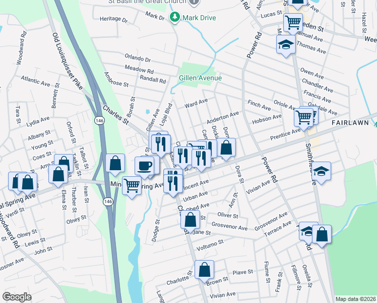 map of restaurants, bars, coffee shops, grocery stores, and more near 56 Garfield Street in North Providence