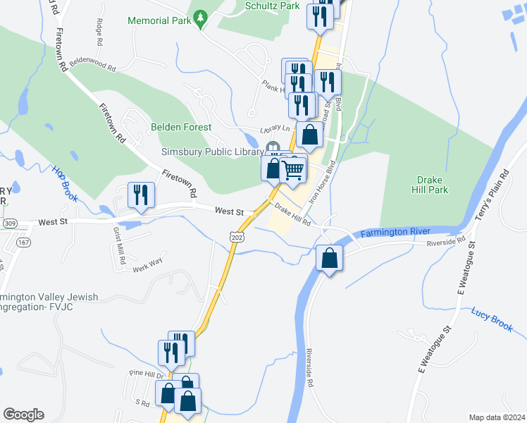 map of restaurants, bars, coffee shops, grocery stores, and more near 689 Hopmeadow Street in Simsbury