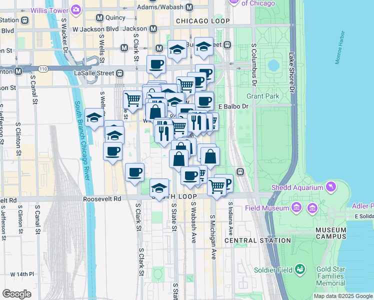 map of restaurants, bars, coffee shops, grocery stores, and more near 900 South State Street in Chicago